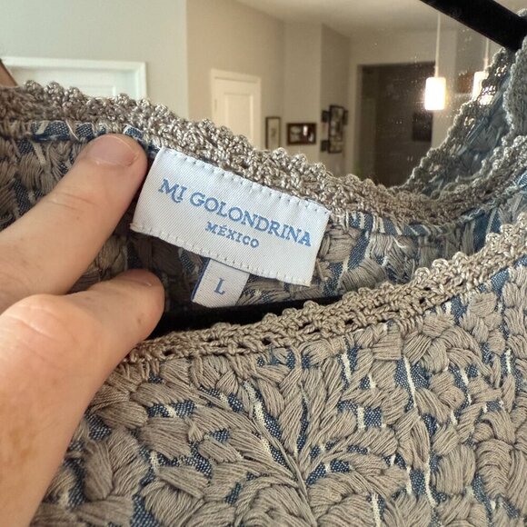 Mi Golondrina Striped Emboridered Dress Size Large Color Grey Blue White - Picture 2 of 4